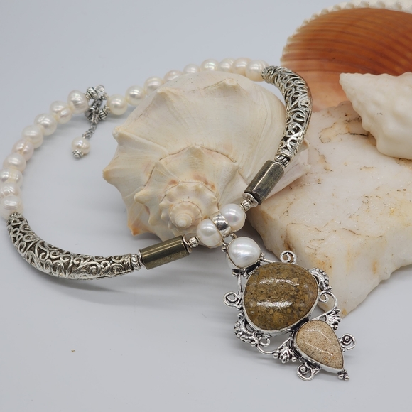 Genuine Stones Natural Pearl/Jasper/Coral Fossil Silver Pendant Necklace - Picture 10 of 11